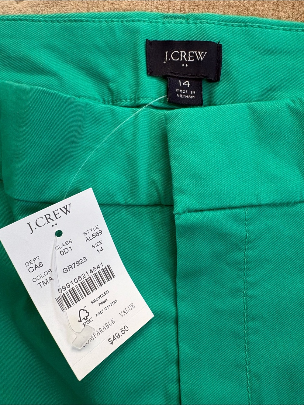 NWT, J Crew 9" Frankie Bermuda Cotton Chino Shorts, Teal Green, Size 14 - Picture 5 of 9